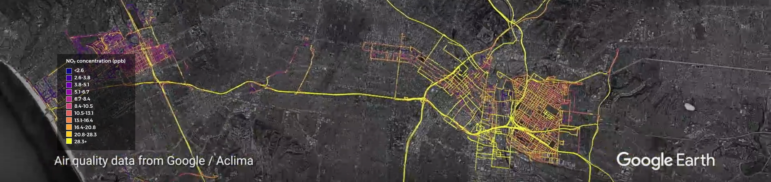 A close up of Downtown Los Angeles. Data shows a high variability in air quality.